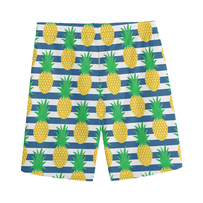 Blue Striped Pineapple Pattern Print Men's Sports Shorts