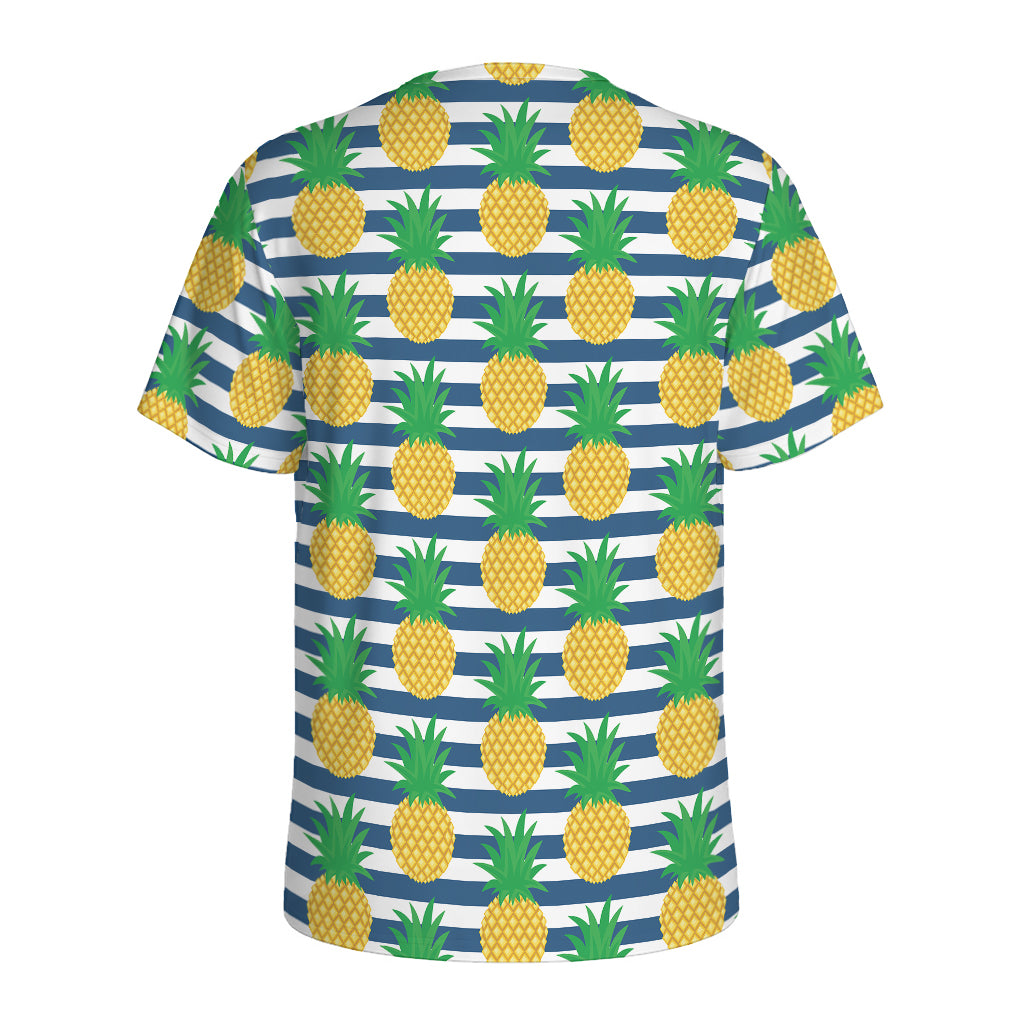 Blue Striped Pineapple Pattern Print Men's Sports T-Shirt