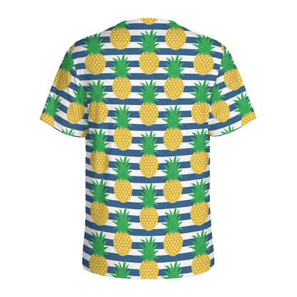 Blue Striped Pineapple Pattern Print Men's Sports T-Shirt