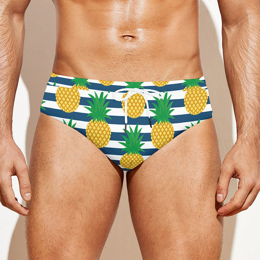 Blue Striped Pineapple Pattern Print Men's Swim Briefs