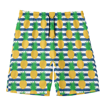 Blue Striped Pineapple Pattern Print Men's Swim Trunks