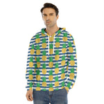Blue Striped Pineapple Pattern Print Men's Velvet Pullover Hoodie