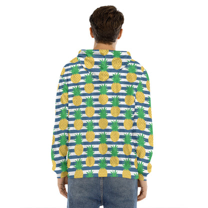 Blue Striped Pineapple Pattern Print Men's Velvet Pullover Hoodie