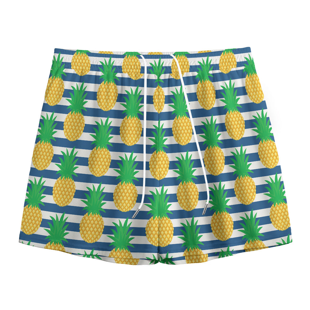 Blue Striped Pineapple Pattern Print Mesh Shorts