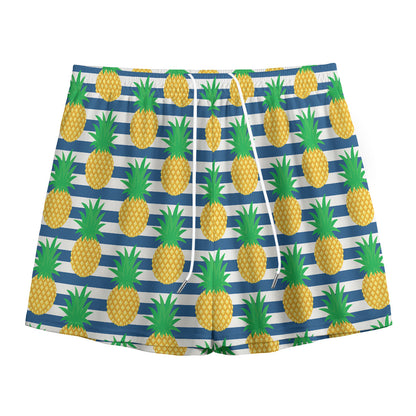 Blue Striped Pineapple Pattern Print Mesh Shorts