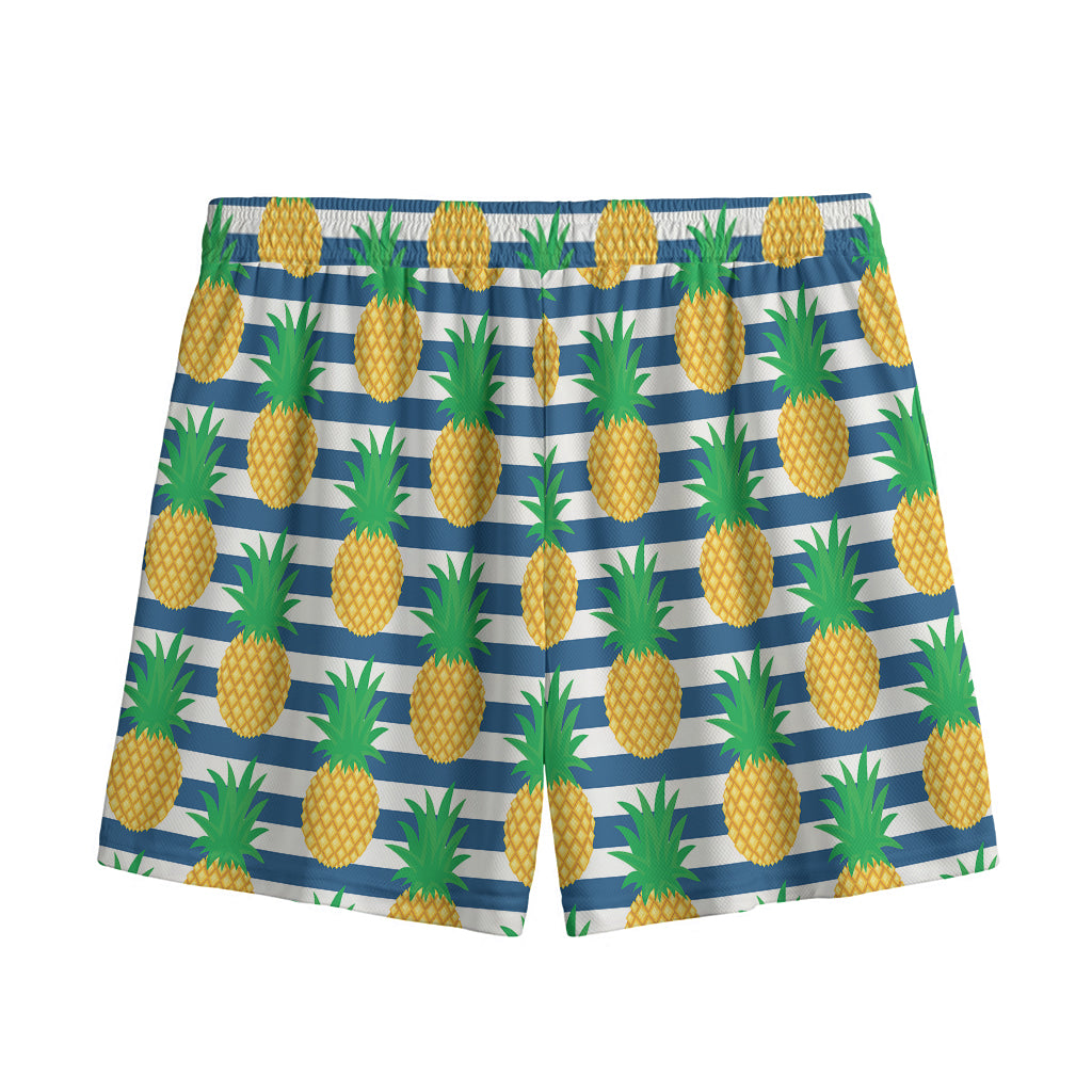 Blue Striped Pineapple Pattern Print Mesh Shorts