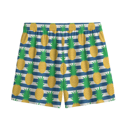Blue Striped Pineapple Pattern Print Mesh Shorts