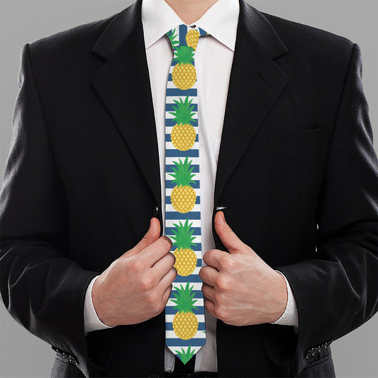 Blue Striped Pineapple Pattern Print Necktie