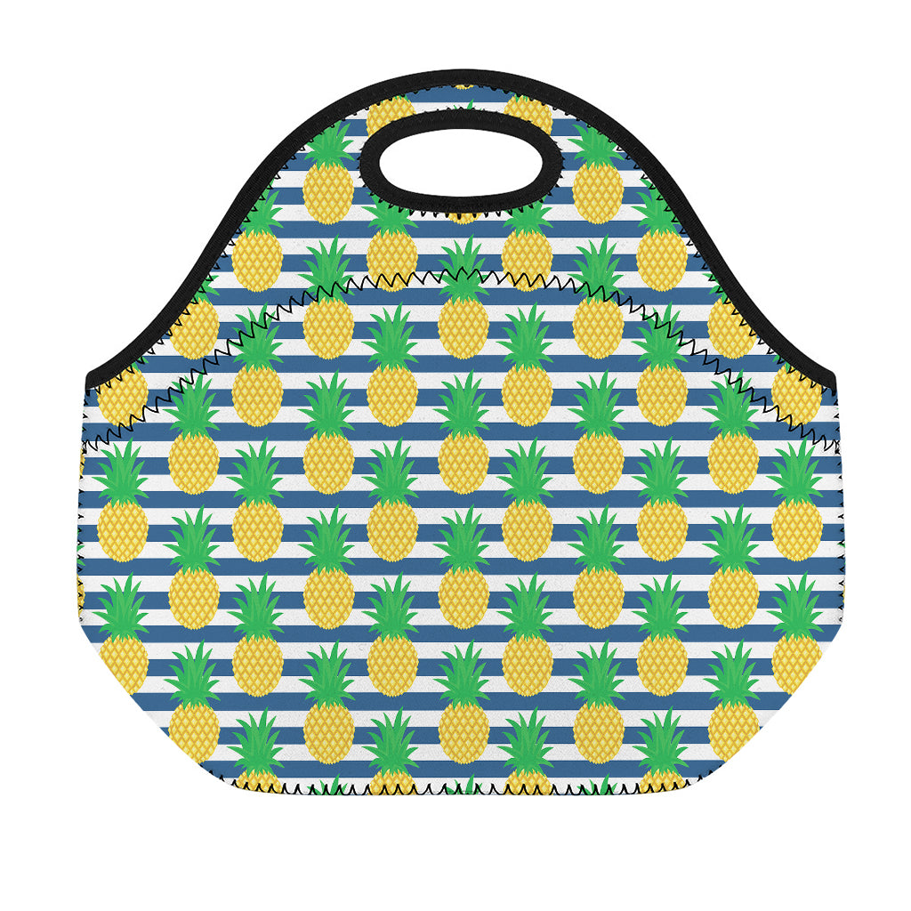 Blue Striped Pineapple Pattern Print Neoprene Lunch Bag