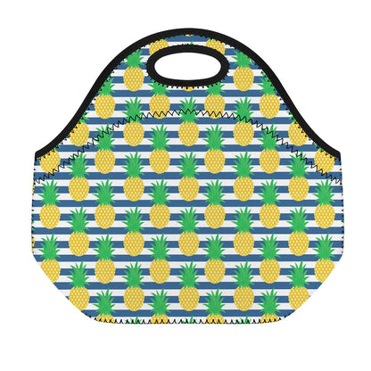 Blue Striped Pineapple Pattern Print Neoprene Lunch Bag