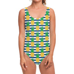 Blue Striped Pineapple Pattern Print One Piece Swimsuit