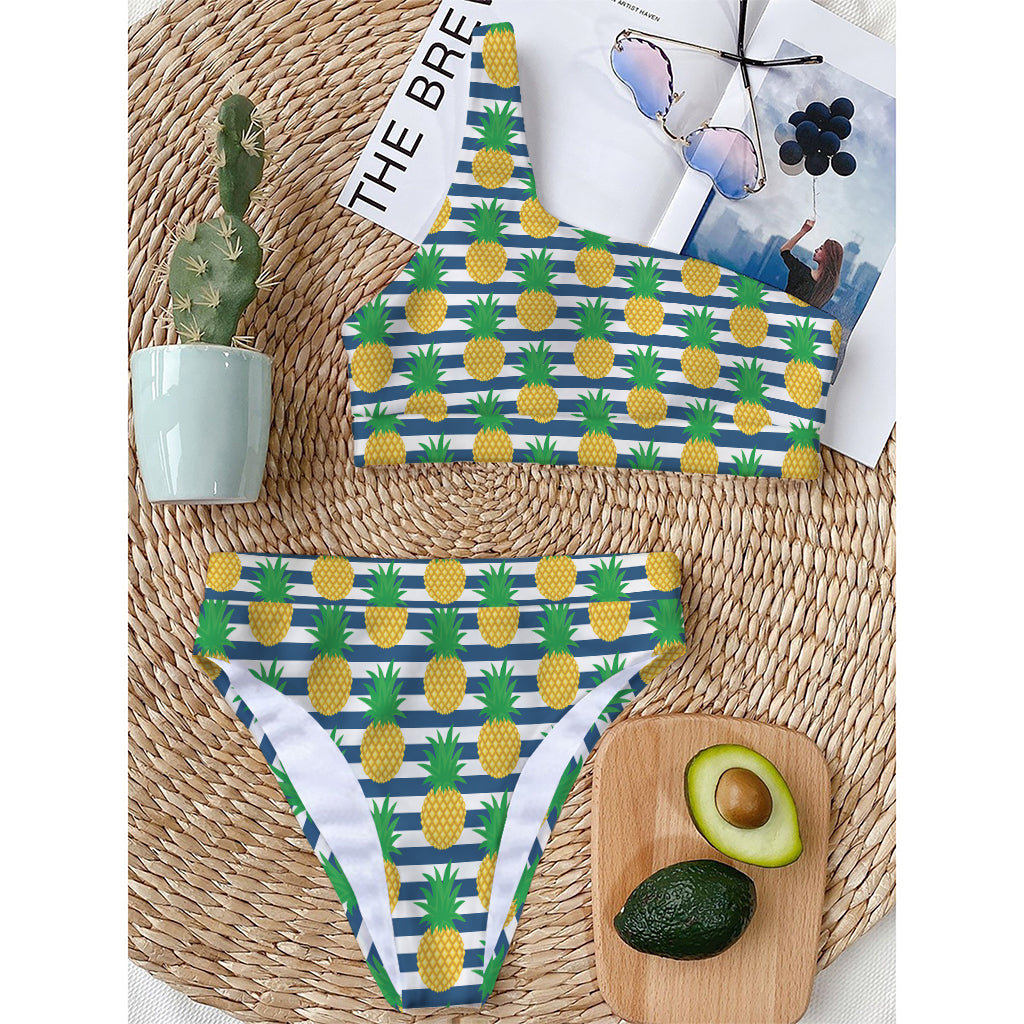Blue Striped Pineapple Pattern Print One Shoulder Bikini Top