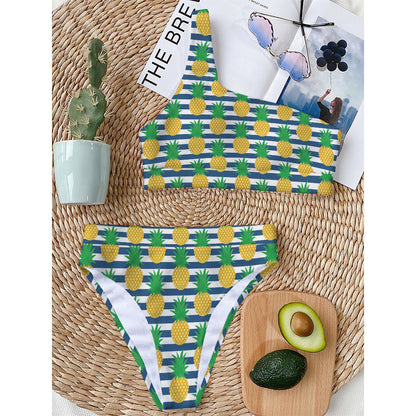 Blue Striped Pineapple Pattern Print One Shoulder Bikini Top