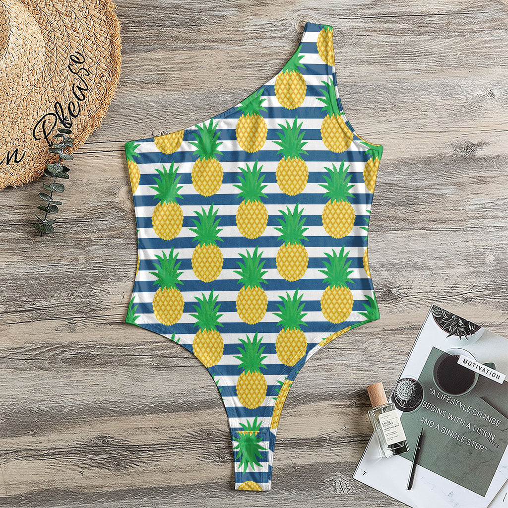 Blue Striped Pineapple Pattern Print One Shoulder Bodysuit