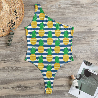 Blue Striped Pineapple Pattern Print One Shoulder Bodysuit