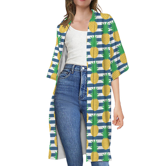 Blue Striped Pineapple Pattern Print Open Front Beach Cover Up