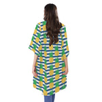 Blue Striped Pineapple Pattern Print Open Front Beach Cover Up