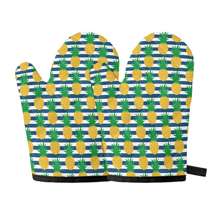 Blue Striped Pineapple Pattern Print Oven Mitts