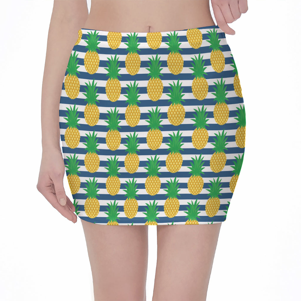 Blue Striped Pineapple Pattern Print Pencil Mini Skirt