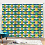 Blue Striped Pineapple Pattern Print Pencil Pleat Curtains