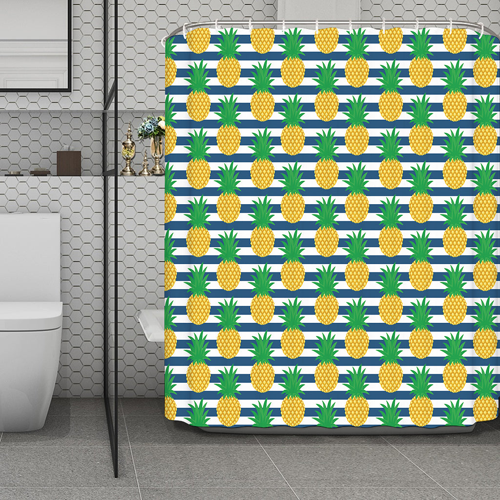 Blue Striped Pineapple Pattern Print Polyester Shower Curtain
