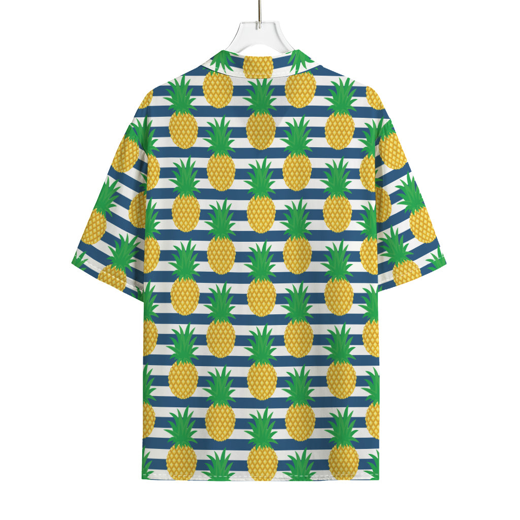 Blue Striped Pineapple Pattern Print Rayon Hawaiian Shirt