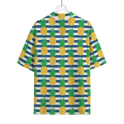 Blue Striped Pineapple Pattern Print Rayon Hawaiian Shirt