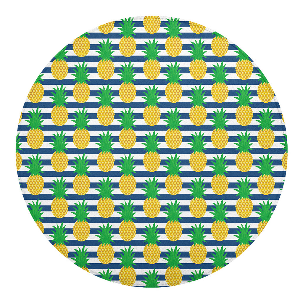 Blue Striped Pineapple Pattern Print Round Blanket