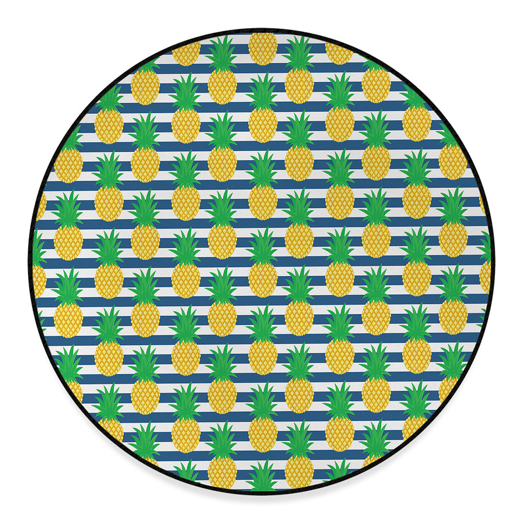 Blue Striped Pineapple Pattern Print Round Floor Mat