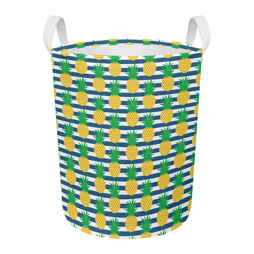 Blue Striped Pineapple Pattern Print Round Laundry Basket