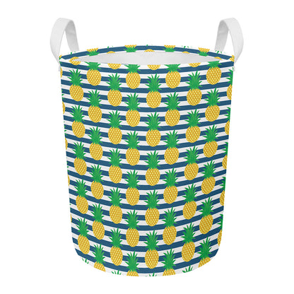 Blue Striped Pineapple Pattern Print Round Laundry Basket