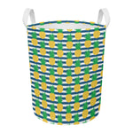 Blue Striped Pineapple Pattern Print Round Laundry Basket