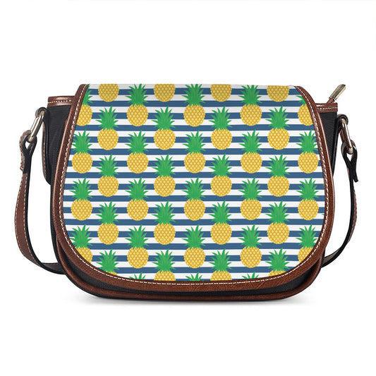 Blue Striped Pineapple Pattern Print Saddle Bag