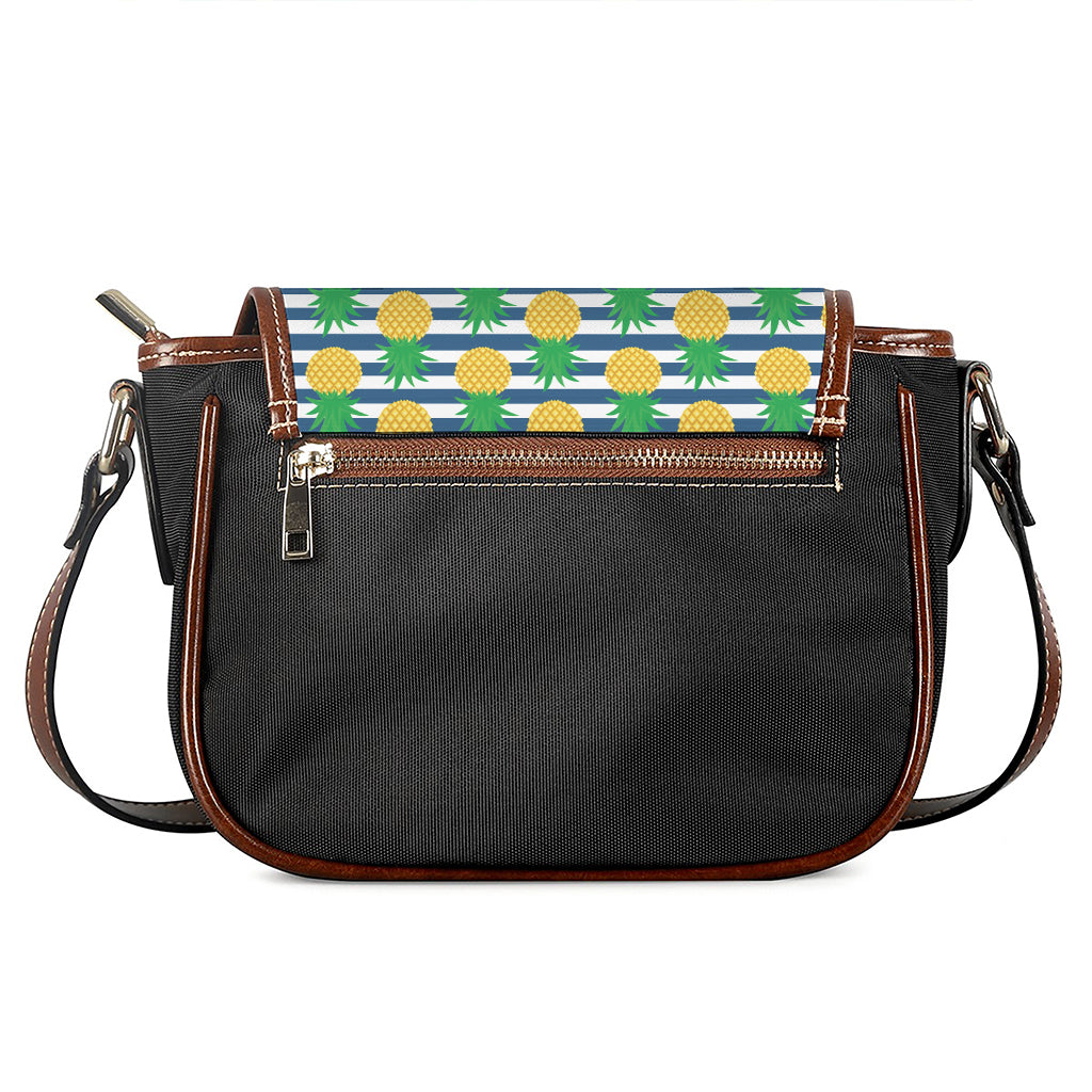 Blue Striped Pineapple Pattern Print Saddle Bag