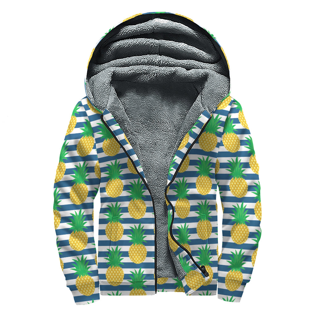 Blue Striped Pineapple Pattern Print Sherpa Lined Zip Up Hoodie