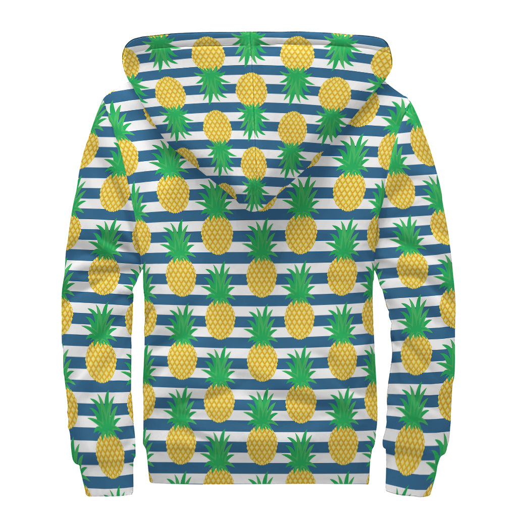 Blue Striped Pineapple Pattern Print Sherpa Lined Zip Up Hoodie