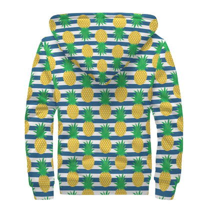 Blue Striped Pineapple Pattern Print Sherpa Lined Zip Up Hoodie
