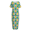 Blue Striped Pineapple Pattern Print Short Sleeve Long Nightdress