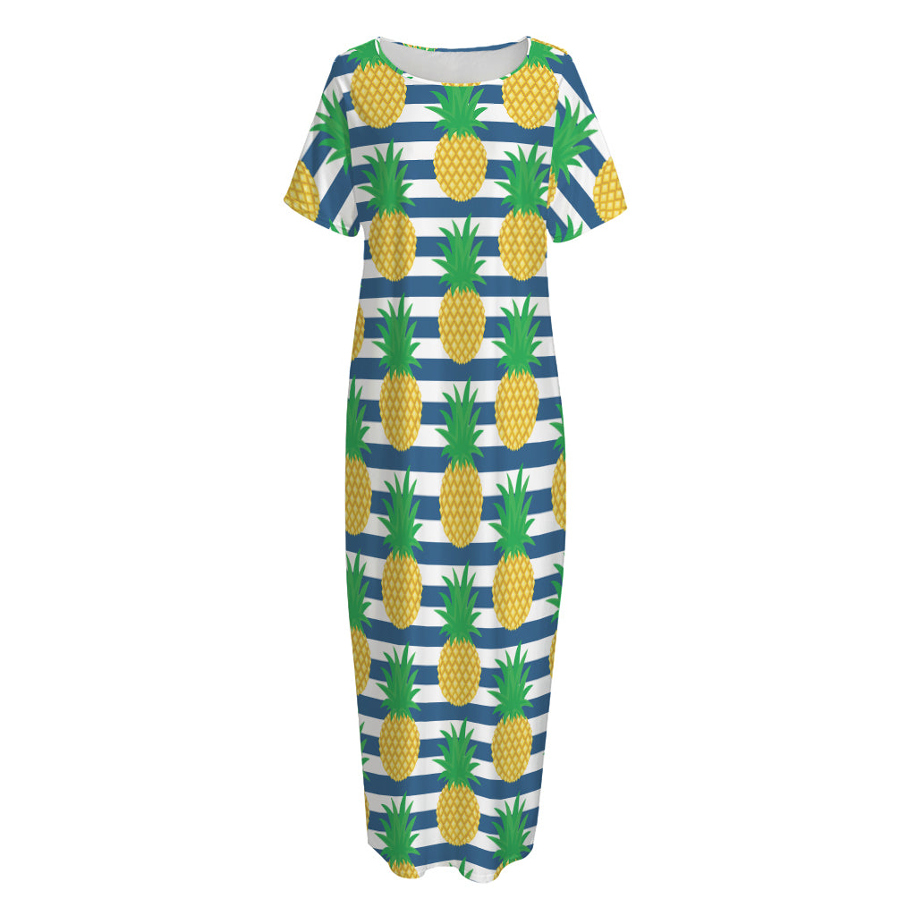 Blue Striped Pineapple Pattern Print Short Sleeve Long Nightdress