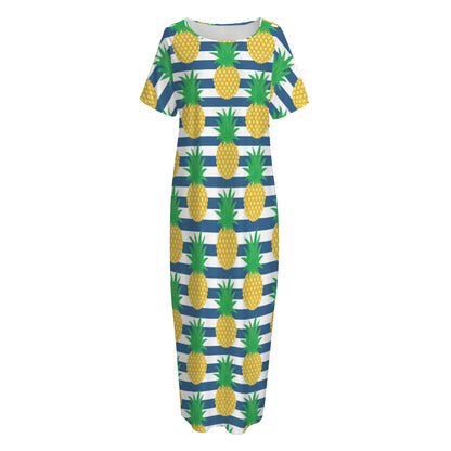 Blue Striped Pineapple Pattern Print Short Sleeve Long Nightdress