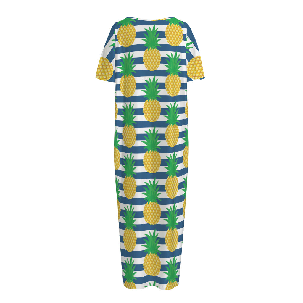 Blue Striped Pineapple Pattern Print Short Sleeve Long Nightdress