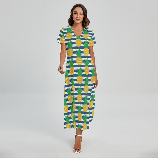 Blue Striped Pineapple Pattern Print Short Sleeve Maxi Dress