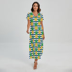 Blue Striped Pineapple Pattern Print Short Sleeve Maxi Dress