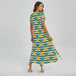 Blue Striped Pineapple Pattern Print Short Sleeve Maxi Dress