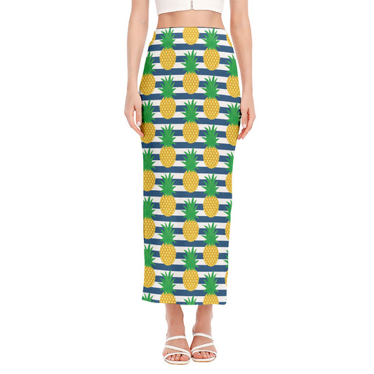 Blue Striped Pineapple Pattern Print Side Slit Maxi Skirt