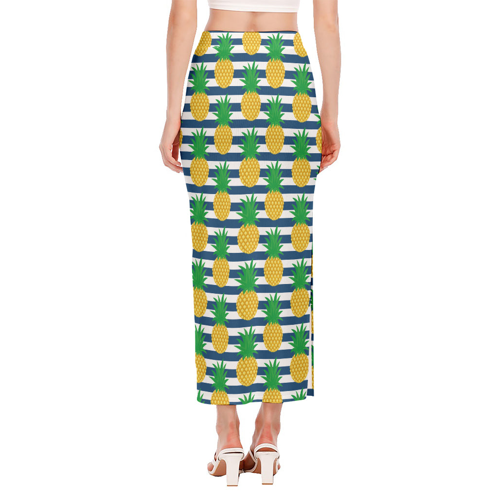 Blue Striped Pineapple Pattern Print Side Slit Maxi Skirt
