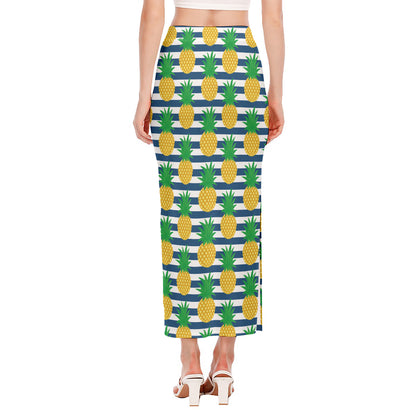 Blue Striped Pineapple Pattern Print Side Slit Maxi Skirt