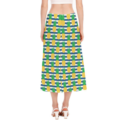 Blue Striped Pineapple Pattern Print Side Slit Midi Skirt