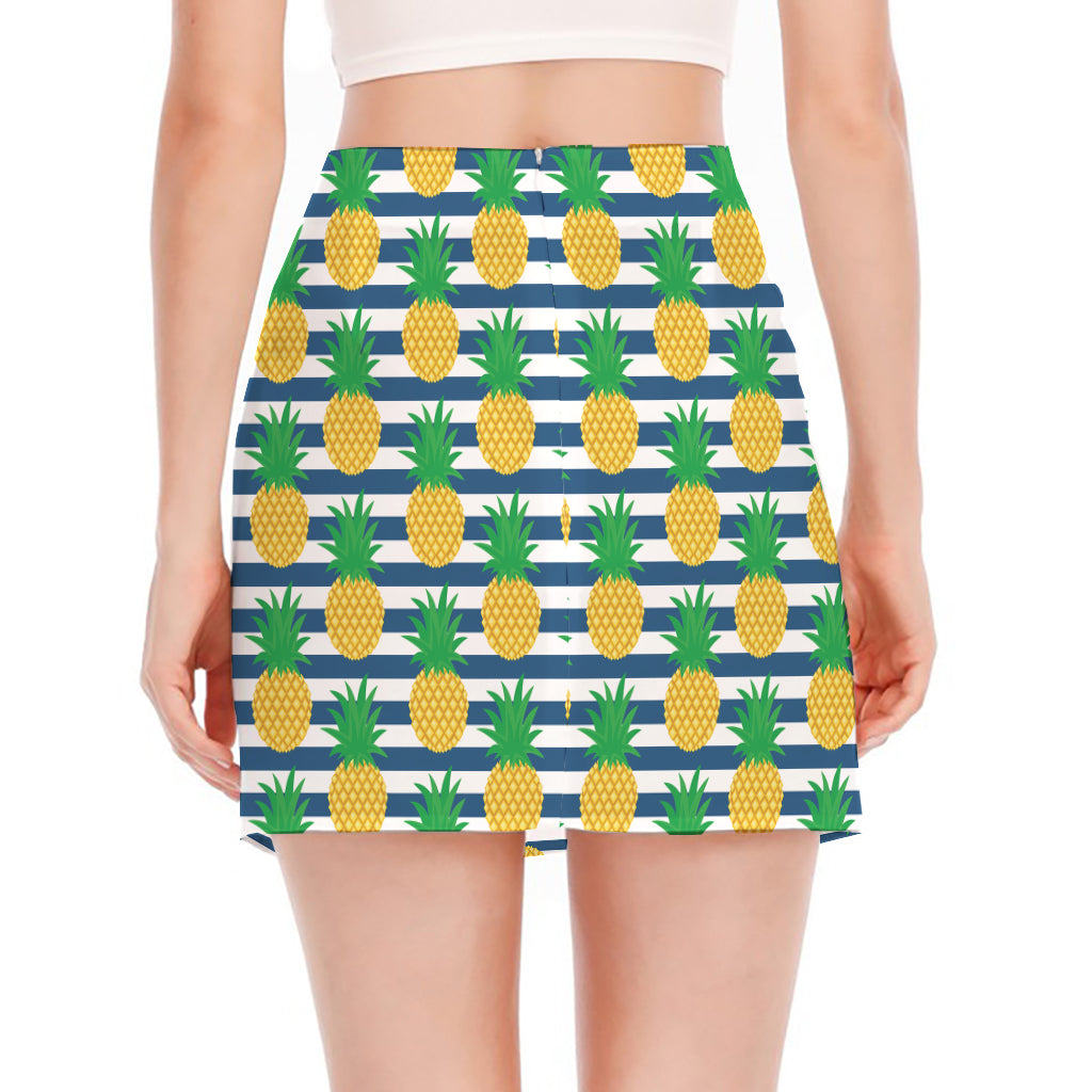 Blue Striped Pineapple Pattern Print Side Slit Mini Skirt