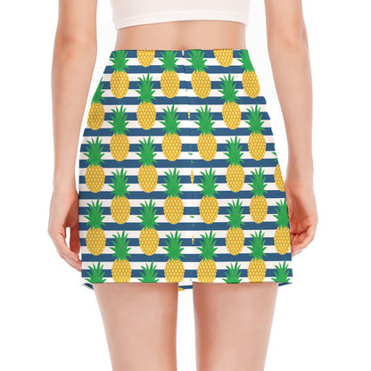 Blue Striped Pineapple Pattern Print Side Slit Mini Skirt